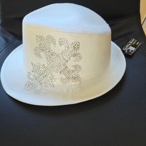 Something Special Fedora Hat M/L White Rhinestone Fleur-de-lis Cotton Bling Hat
